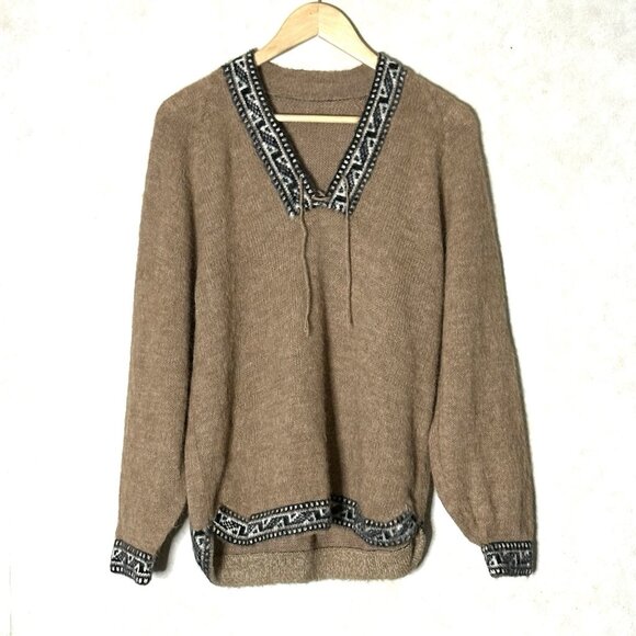 Vintage Alpaca Wool Boho Sweater Brown Women’s Large Geometric Trim No Tags - Picture 1 of 5